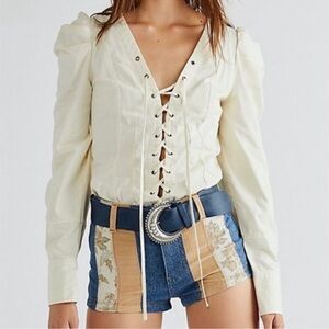 Free People Gardenia Lace Up Front Puff Sleeve Denim Long Sleeve Top S NEW